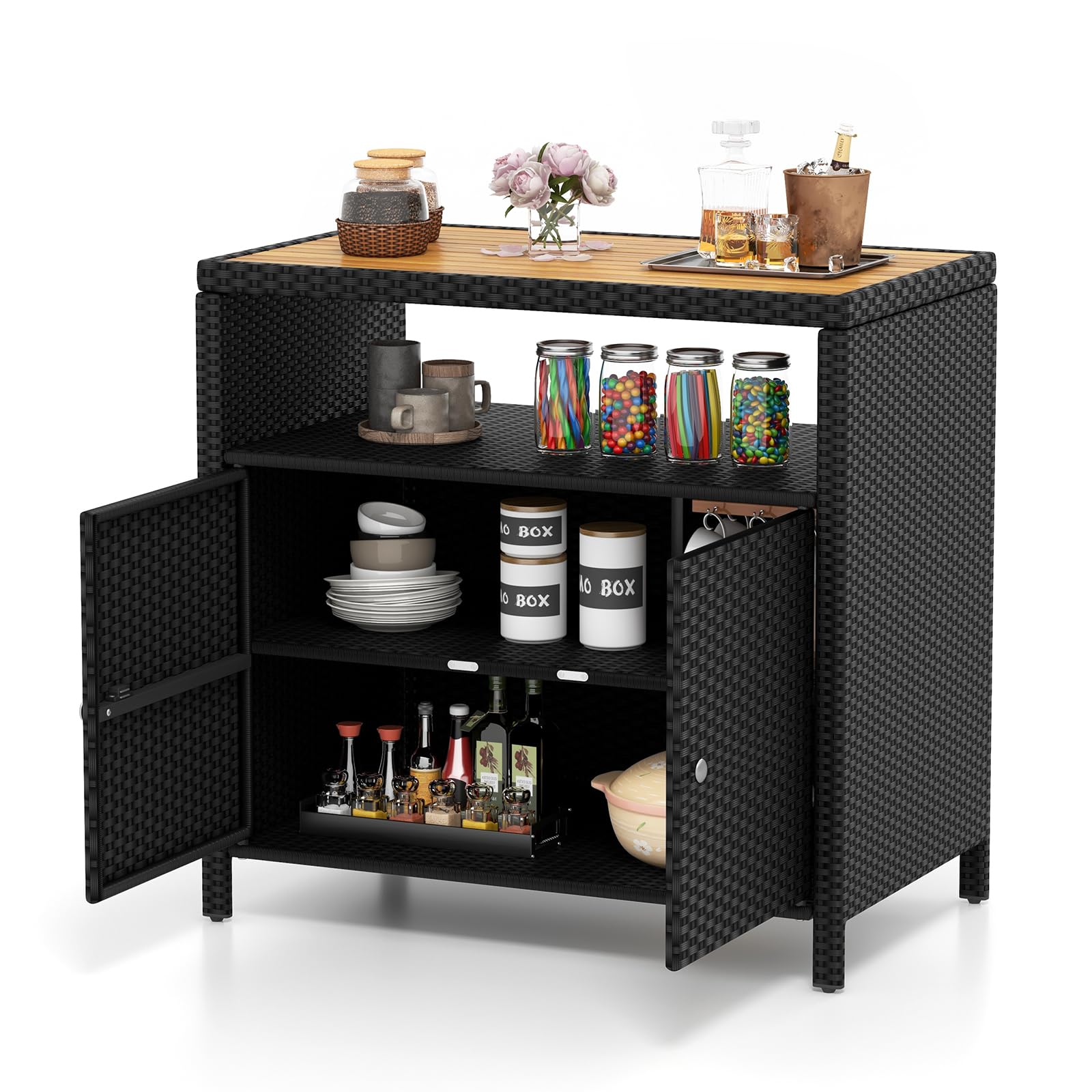 Tangkula Rattan Storage Cabinet, Outdoor Patiojoy Buffet Cabinet with Acacia Wood Countertop